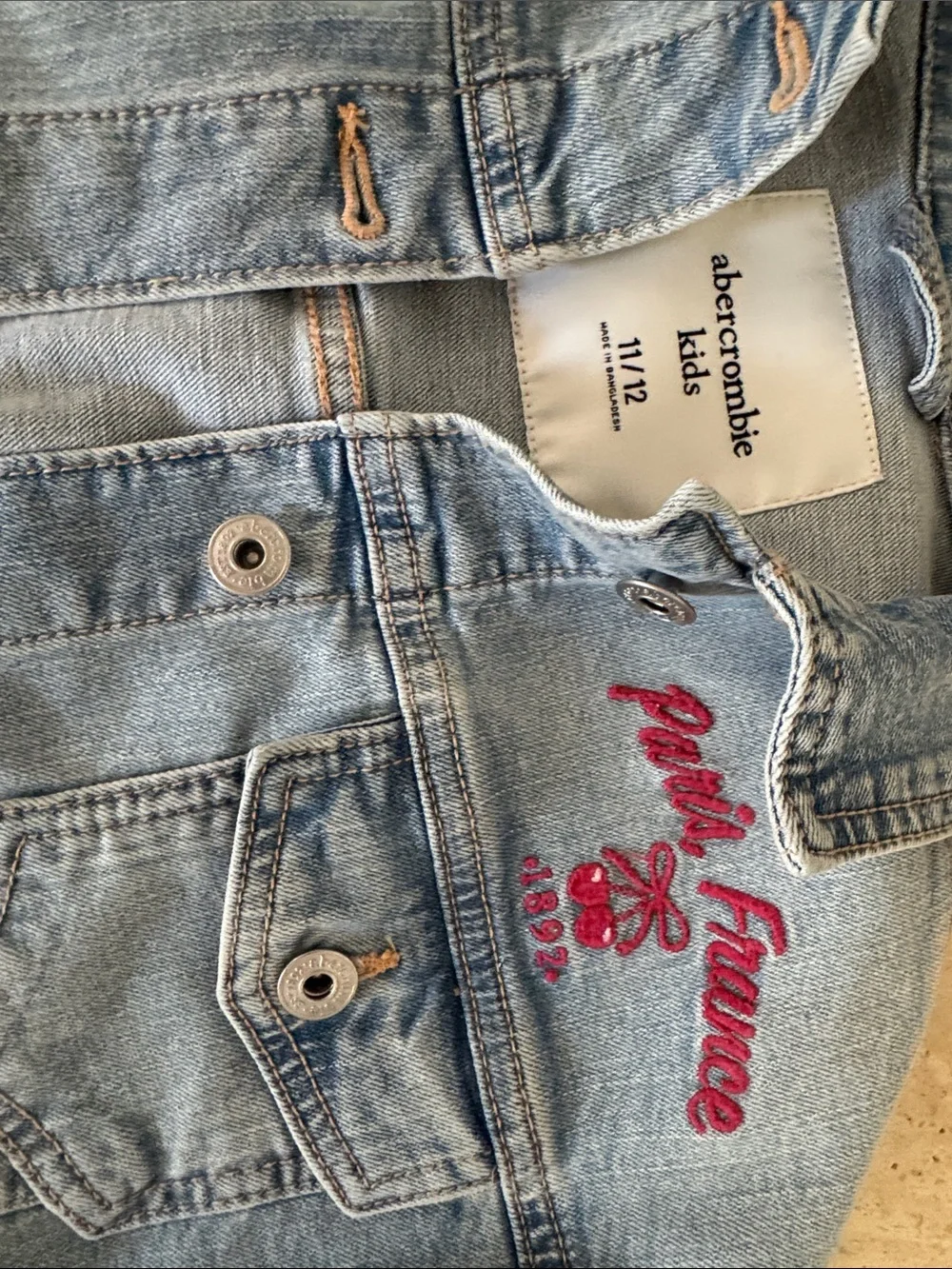 abercrombie kids light wash denim jacket & matching skirt with cherry embroidery